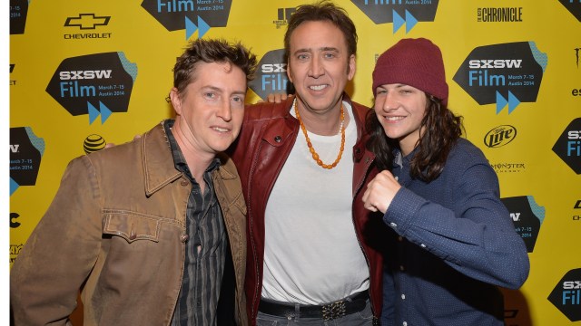 AUSTIN, TX - MARCH 09: (L-R) Director David Gordon Green, actor Nicholas Cage and actor Tye Sheridan pose for photos in the green room for the premiere of 