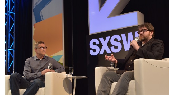 AUSTIN, TX - MARCH 12: David Baszucki and author Ernie Cline speak onstage at A Conversation with Ernie Cline during SXSW at Austin Convention Center on March 12, 2018 in Austin, Texas. (Photo by Chris Saucedo/Getty Images for SXSW)