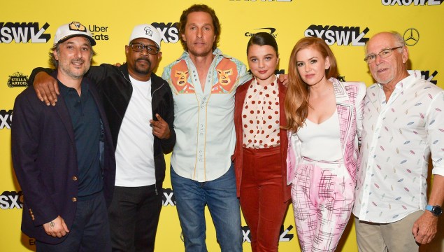 AUSTIN, TEXAS - MARCH 09: Harmony Korine, Martin Lawrence, Matthew McConaughey, Stefania LaVie Owen, Isla Fisher, and Jimmy Buffett attend the 