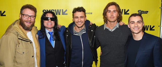 (L-R) Seth Rogen, Tommy Wiseau, James Franco, Greg Sestero, and Dave Franco at the SXSW premiere of The Disaster Artist. Photo by Matt Winkelmeyer/Getty Images