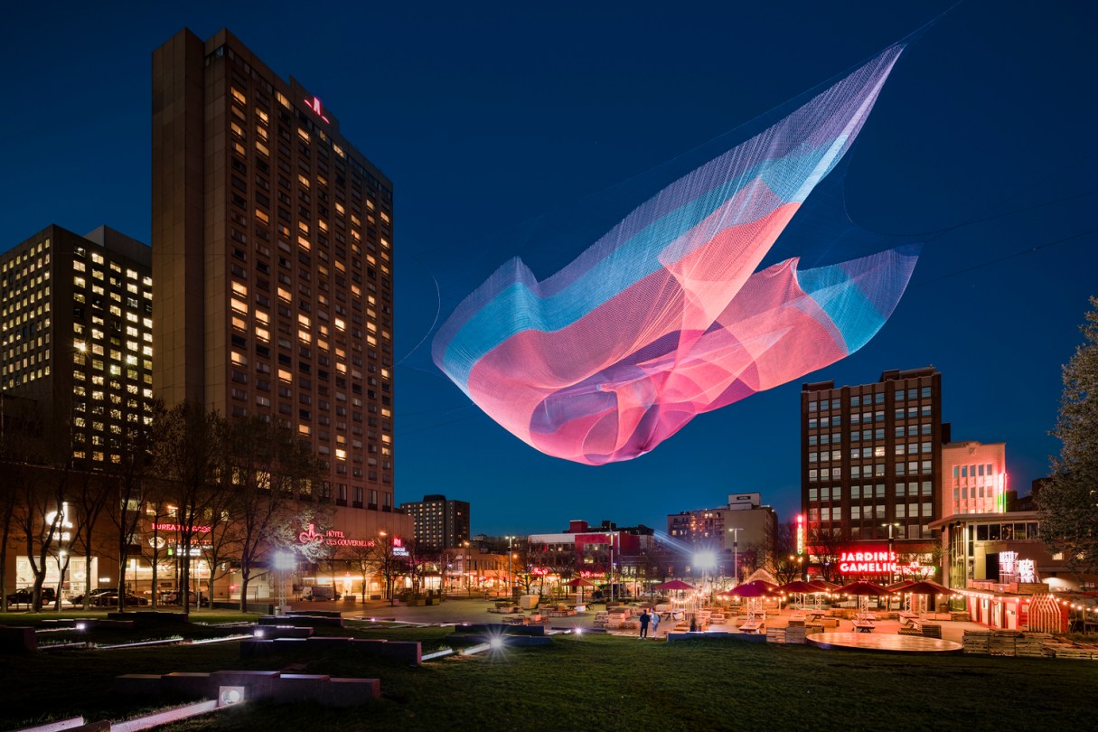 One of Janet Echelman's installations over Montreal's Place Émilie-Gamelin