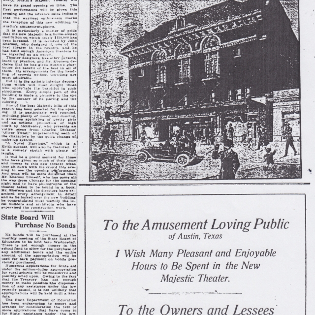1915 Austin Statesman and Tribune article on Opening of the Majestic – Photo courtesy of the Austin Theatre Alliance