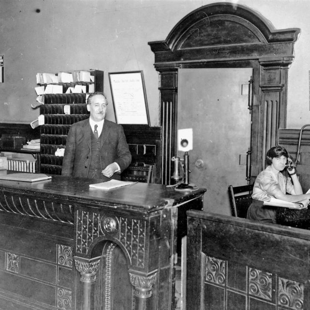 vintage front desk image of the Driskill Hotel in Austin, Texas